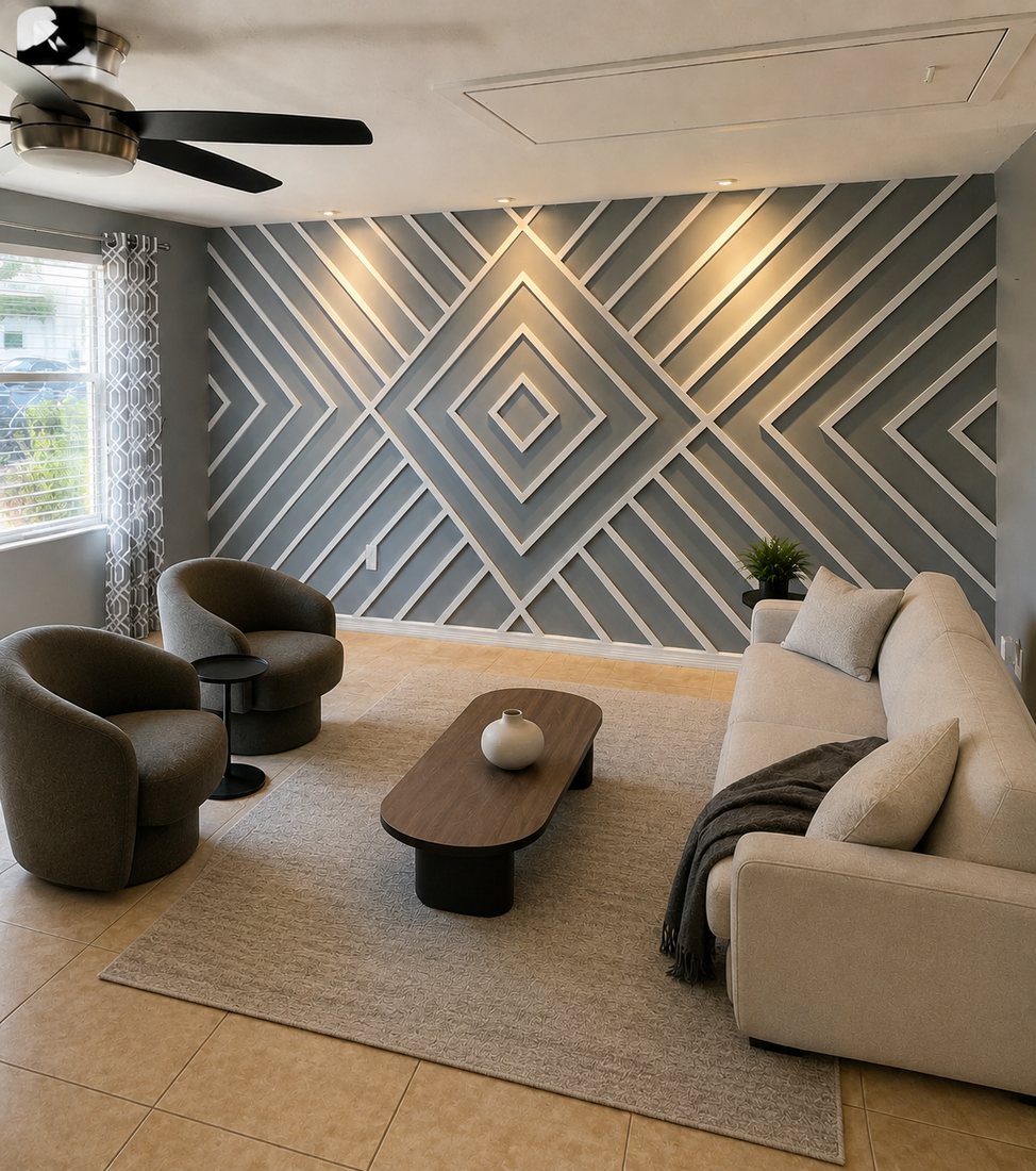 Feature wall with a layered geometric panel pattern and integrated lighting
