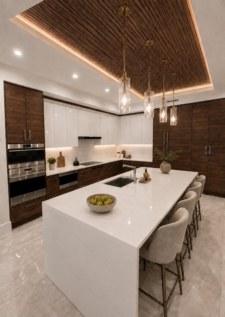 Kitchen remodel in a Sarasota home with a waterfall quartz island, walnut cabinetry, and a slatted wood ceiling