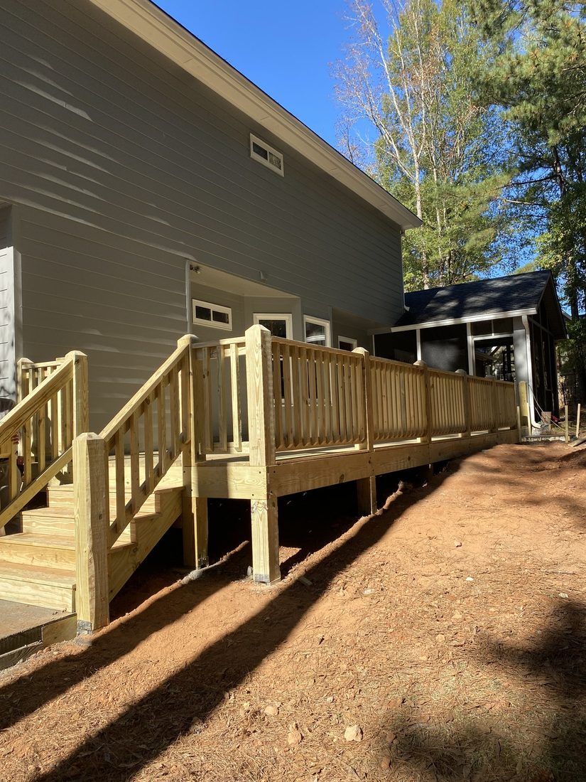 Finished deck with railing and stairs