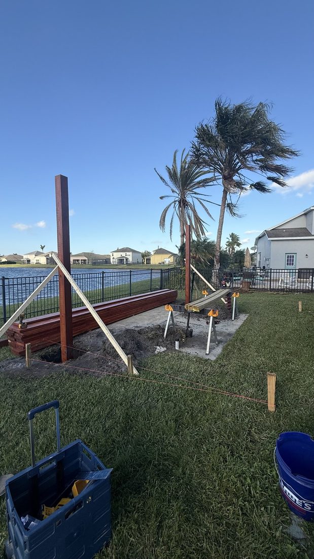 Deck posts and framing set on a waterfront lot
