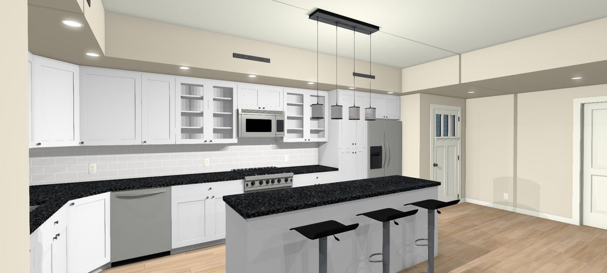3D design render showing kitchen layout and island placement