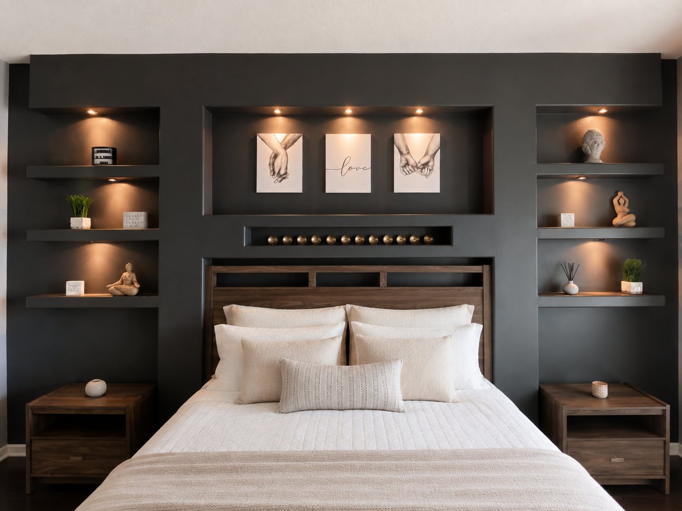 Bedroom feature wall with lit niches, floating nightstands, and a panelled headboard surround