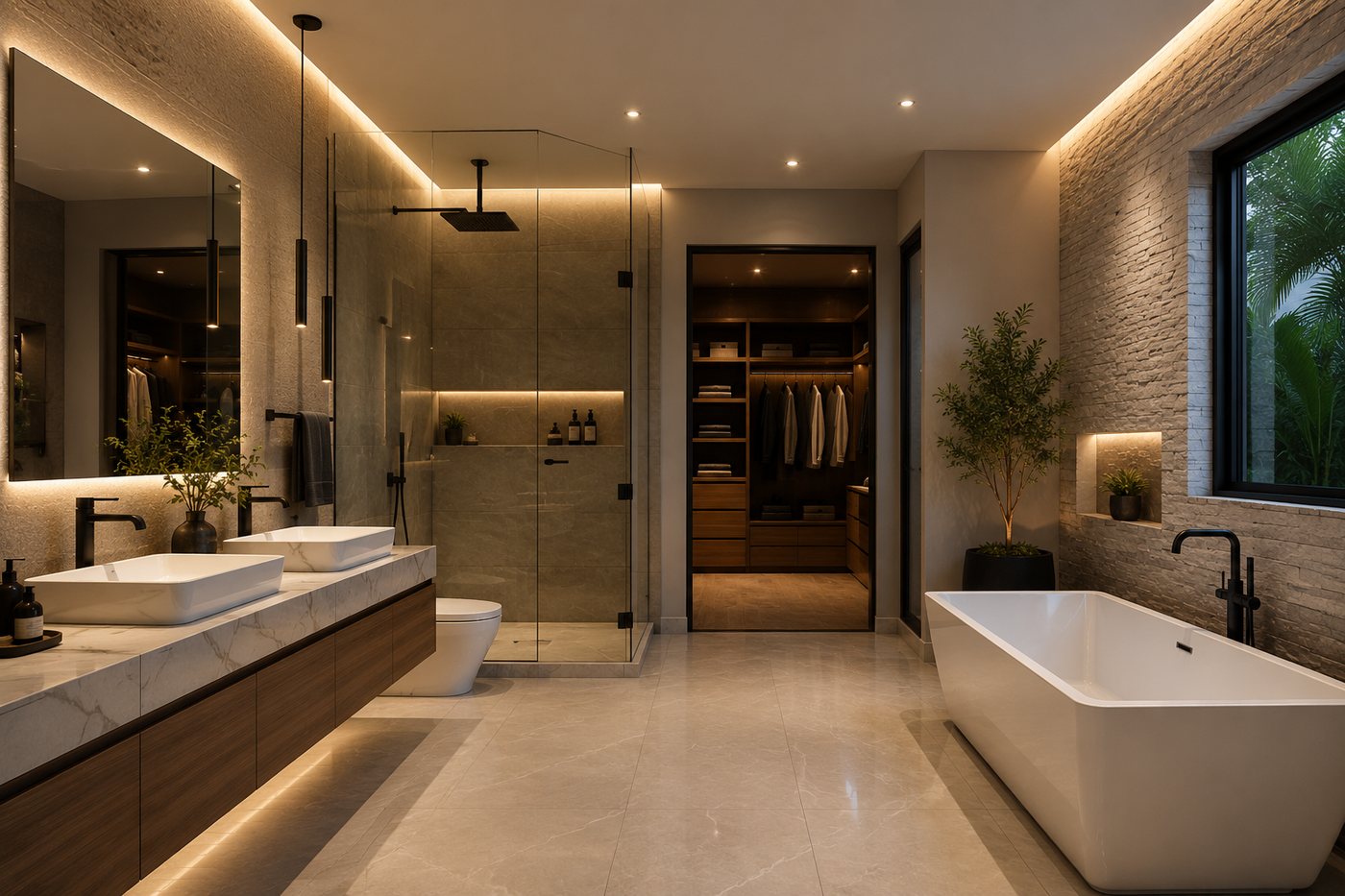 Primary bathroom with freestanding tub, glass shower, and floating double vanity