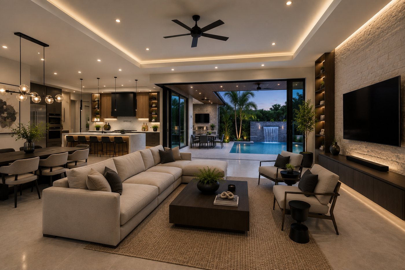 Open living space with a media wall and full-height sliders to the pool deck