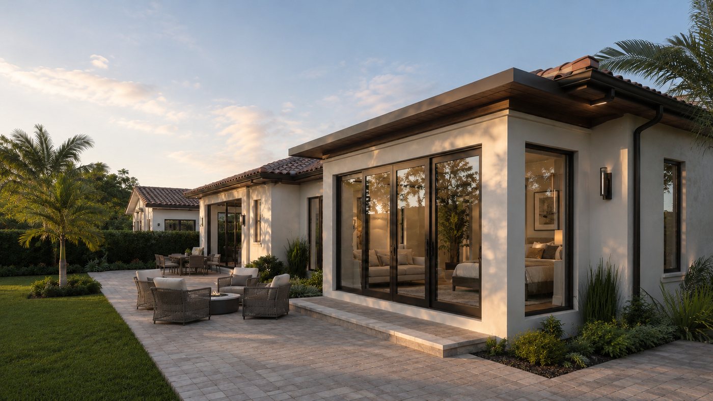 Home addition with full-height sliders opening onto a paver terrace and covered seating area
