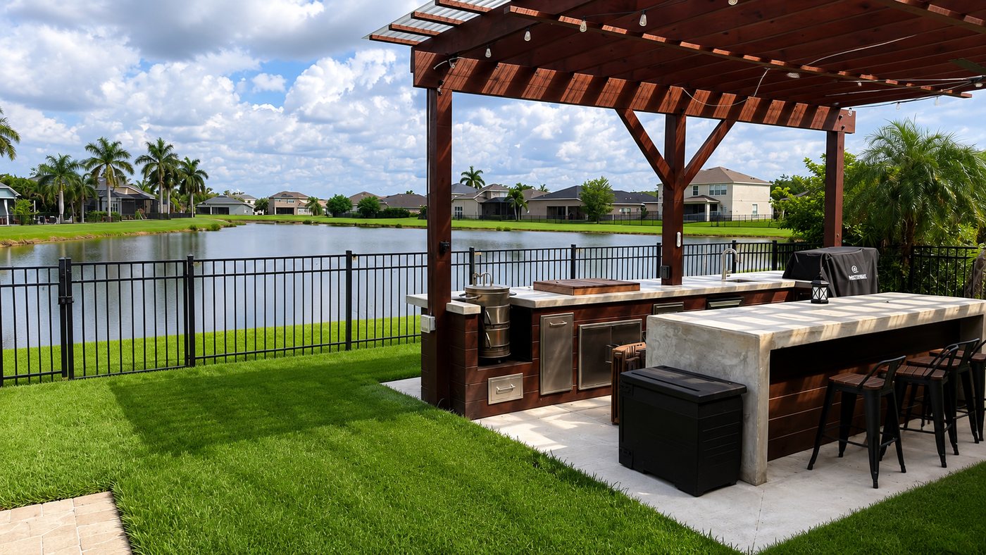 Waterfront pergola with a full outdoor kitchen and bar seating