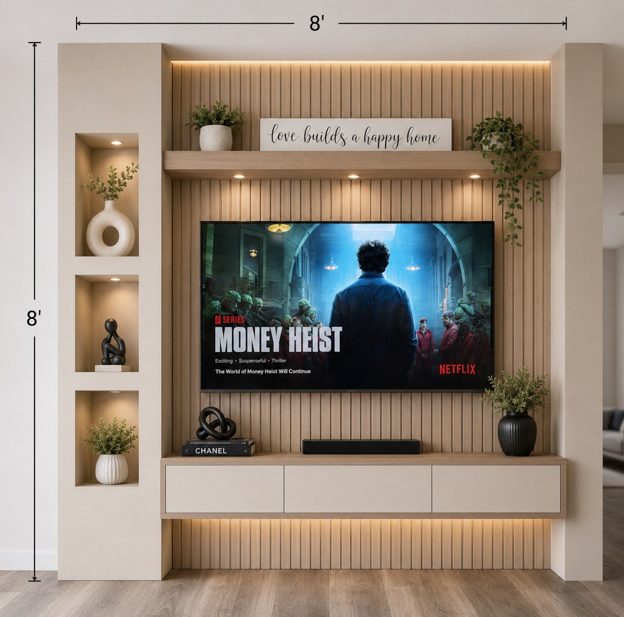 Dimensioned design drawing of a built-in media wall, 8 feet by 8 feet